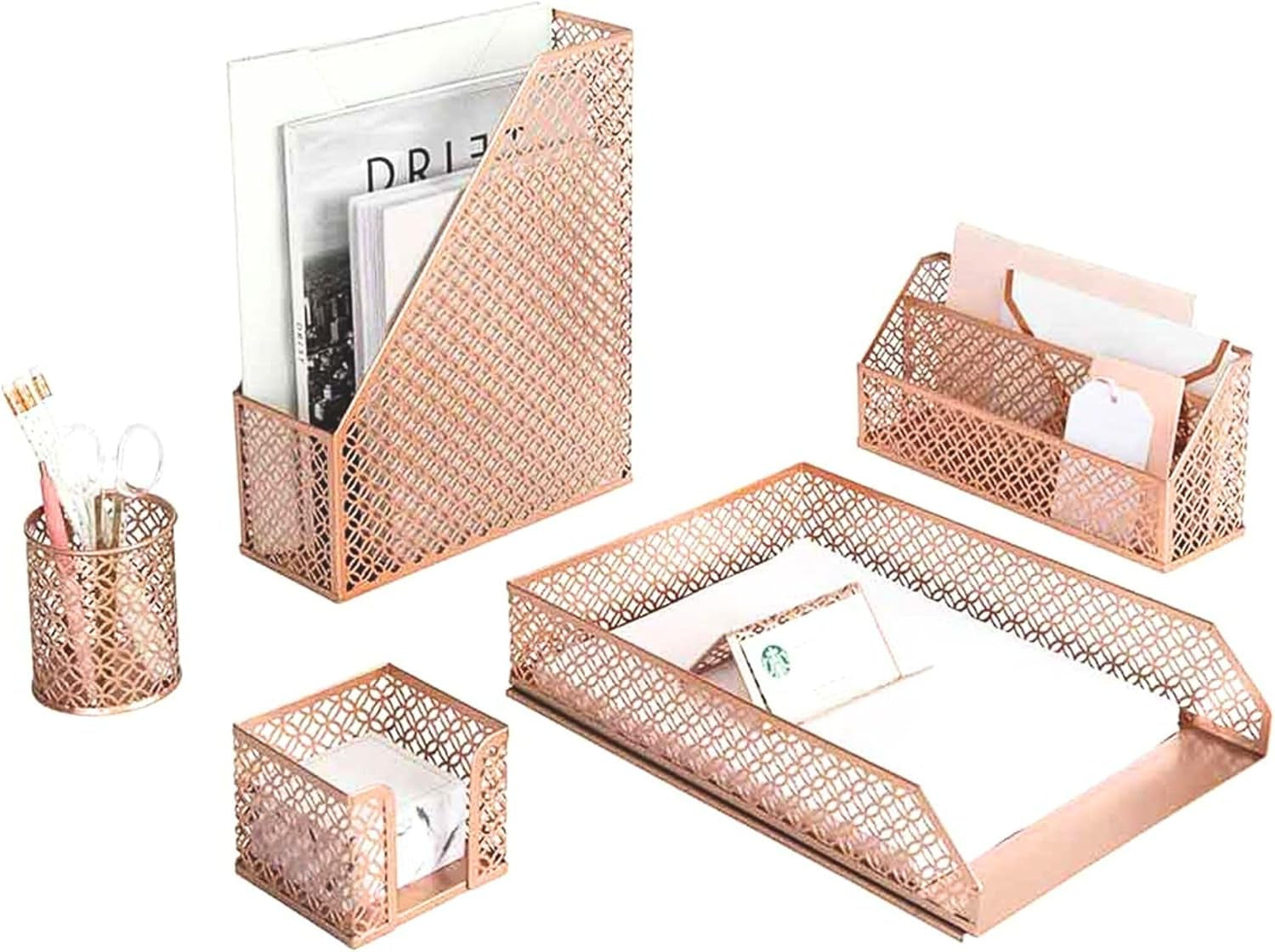 Rose gold desk organizer set with six matching pieces for elegant office organization. Perfect for storing letters, pens, and notes.