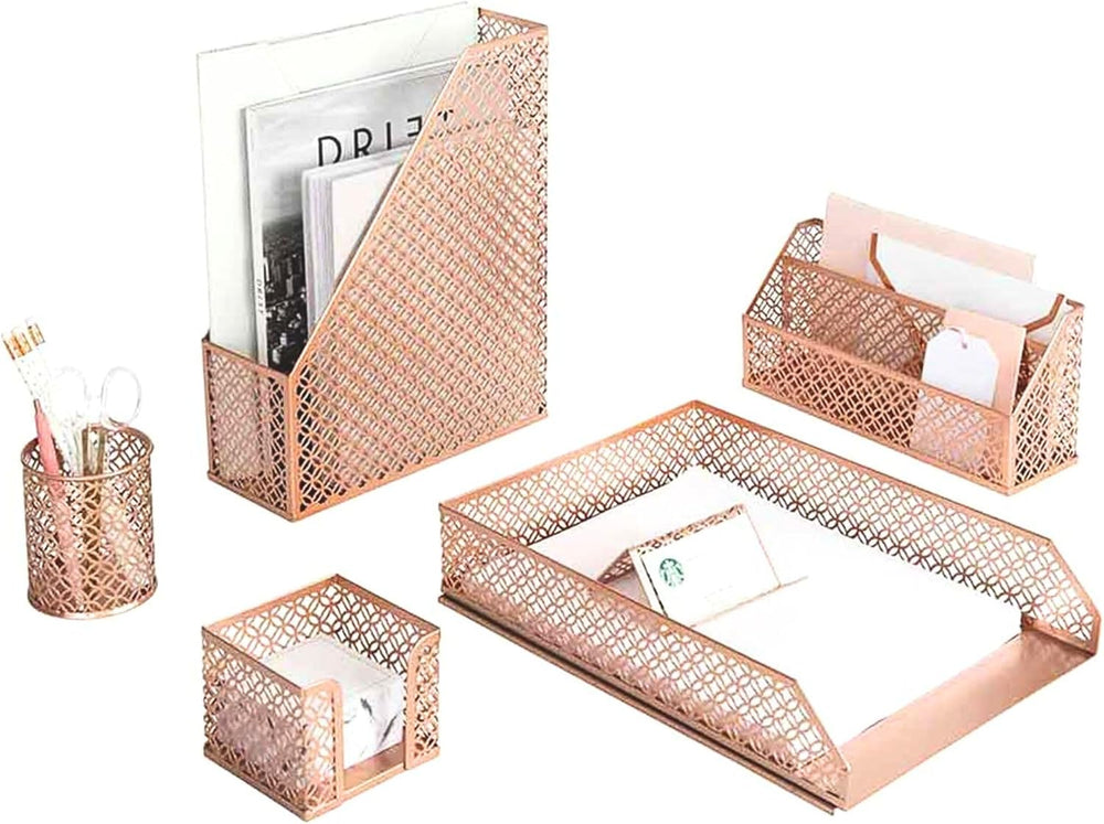 Rose gold desk organizer set with six matching pieces for elegant office organization. Perfect for storing letters, pens, and notes.