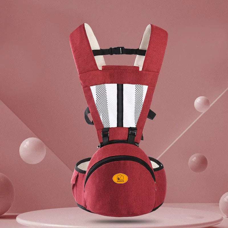 Red ergonomic Baby Hip Seat Carrier with breathable mesh and large storage pocket. Adjustable straps for secure and comfortable babywearing.