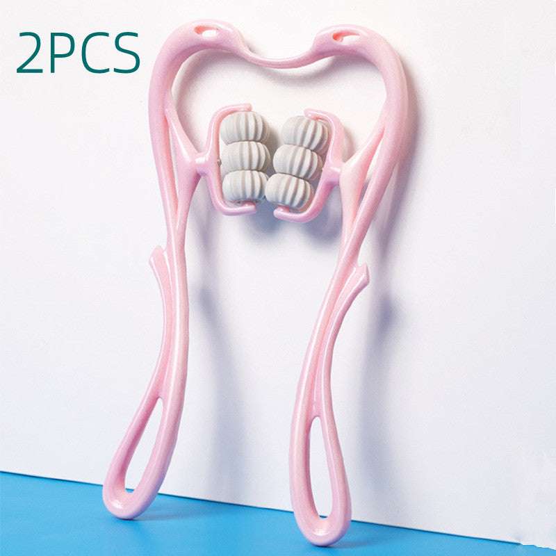 2PCS pink 6 Roller Neck Massagers with ergonomic design and rotating rollers for muscle tension relief.