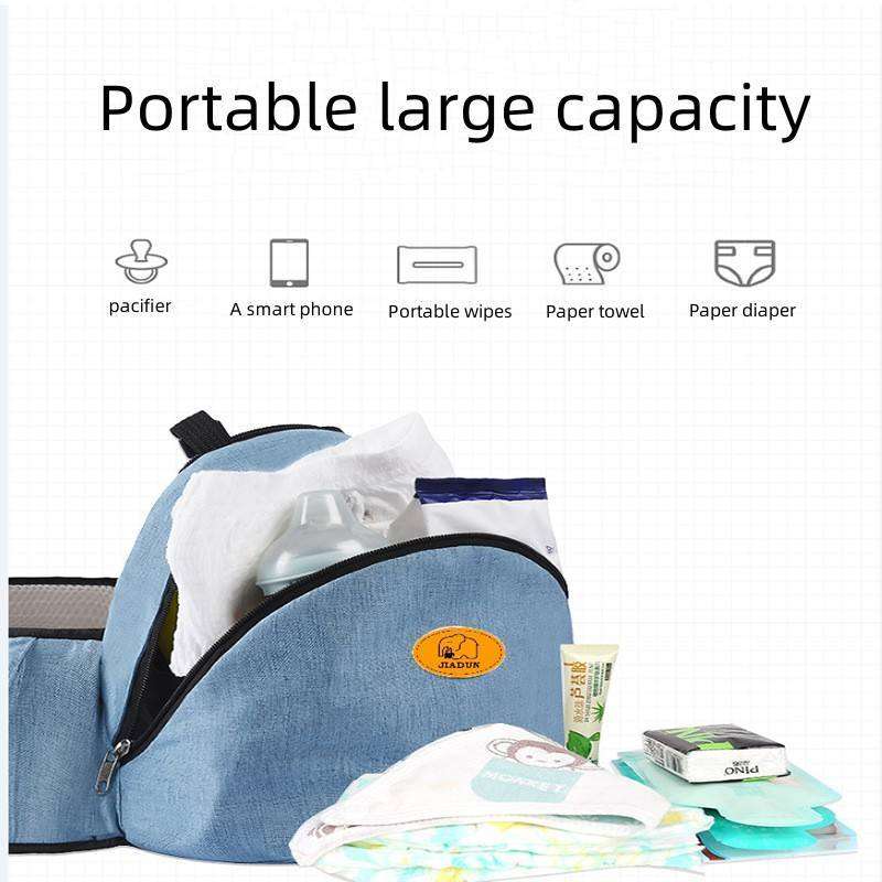 Large capacity Baby Hip Seat Carrier storage pocket holding baby essentials like diapers, wipes, and bottles. Ideal for travel and convenience.