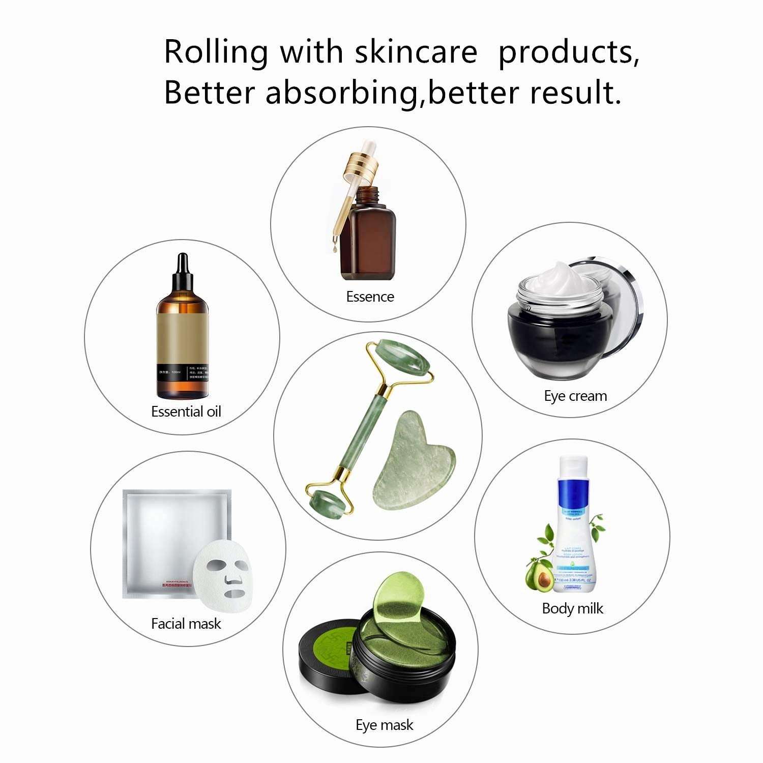 Jade roller and Gua Sha tool shown with skincare products like essence, eye cream, and facial mask for better absorption.
