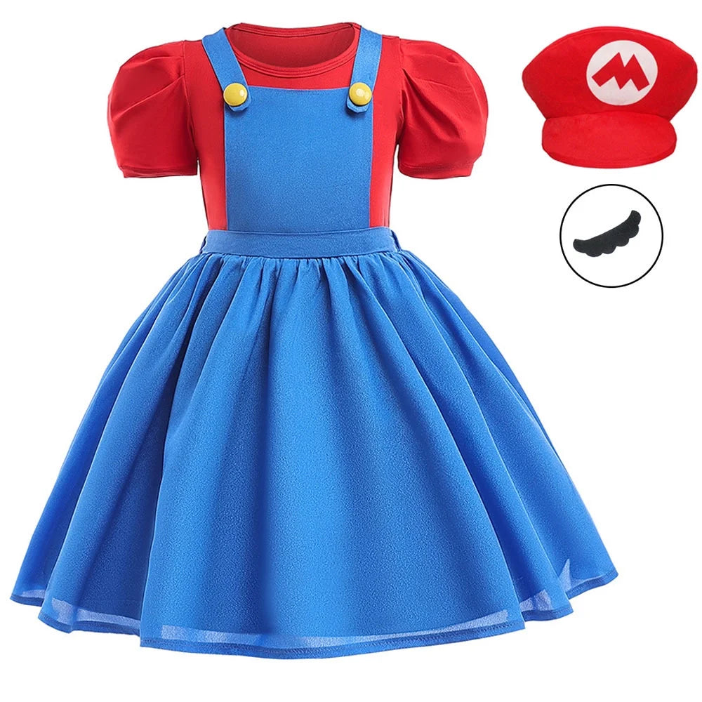 Princess Mario Costume for Girls,Super Brothers Cosplay Halloween Party Dress Up