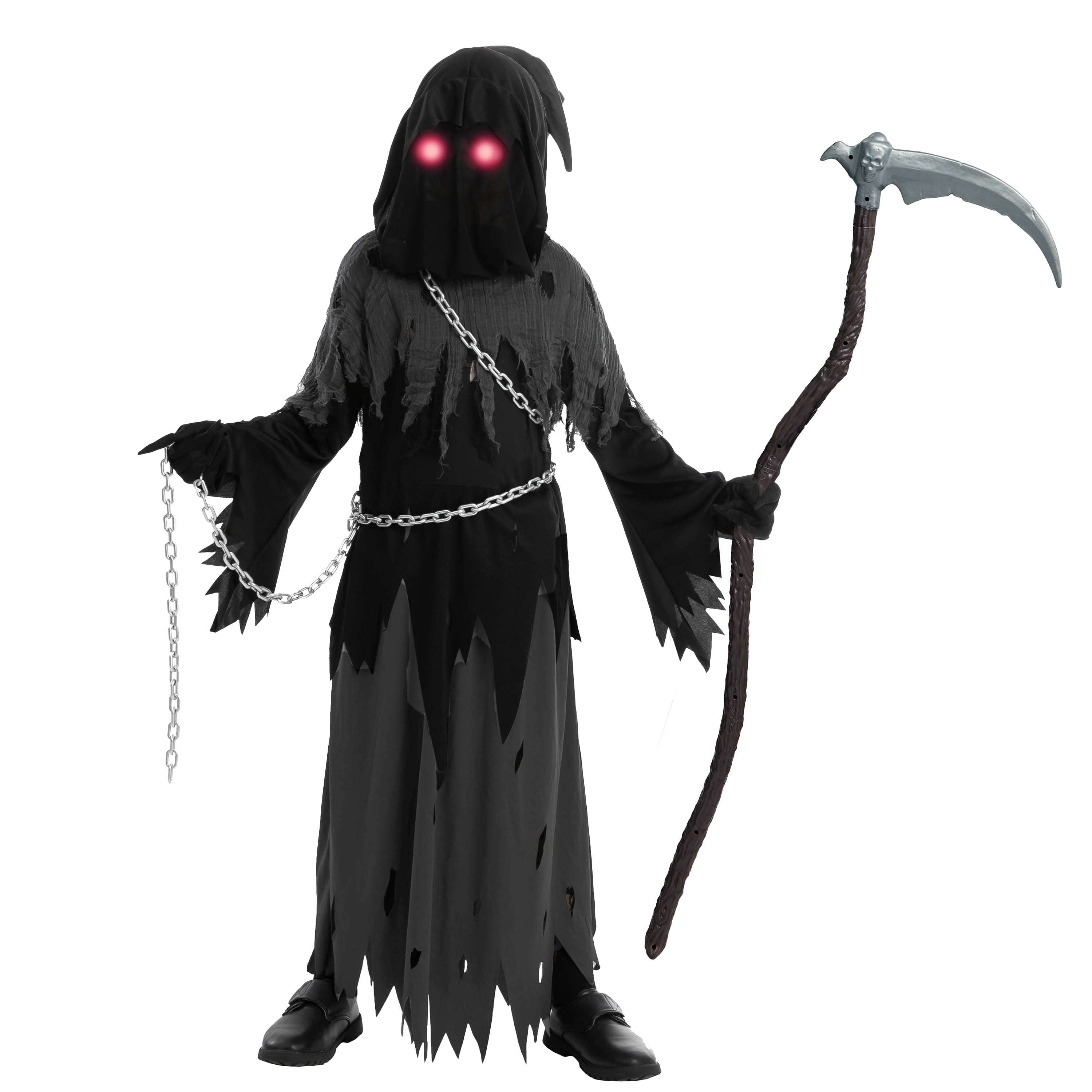 Child Glowing Eyes Grim Reaper Costume, Phantom Costume for Kids Halloween Fancy Dress up 5-12 Years