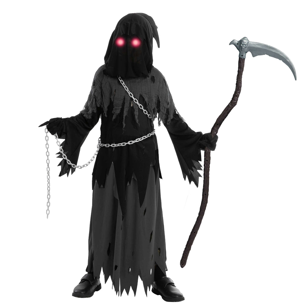 Child Glowing Eyes Grim Reaper Costume, Phantom Costume for Kids Halloween Fancy Dress up 5-12 Years