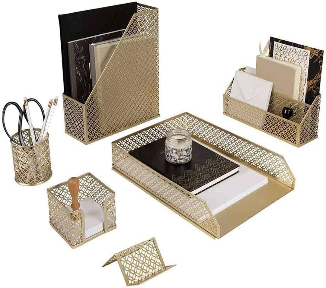Gold desk organizer set with pen cup, letter tray, magazine holder, and mail sorter for stylish pink office decor. Ideal for workspace organization.
