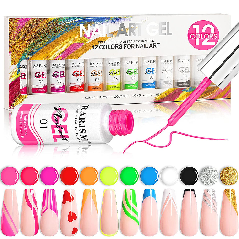 Painted Gel Nail Polish Set, Line Art Gel 12 Colors Neon Pink Yellow Green Glitter Silver Gold Nail Art Painting Manicure Tools DIY Drawing Nailgel for Line U V L E D Required