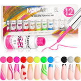Painted Gel Nail Polish Set, Line Art Gel 12 Colors Neon Pink Yellow Green Glitter Silver Gold Nail Art Painting Manicure Tools DIY Drawing Nailgel for Line U V L E D Required