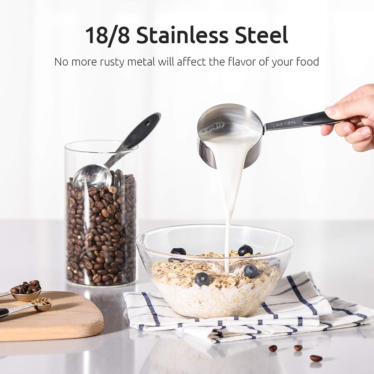 Measuring Cups :  18/8 Stainless Steel Measuring Cups and Spoons Set of 10 Piece, Upgraded Thickness Handle(Black)