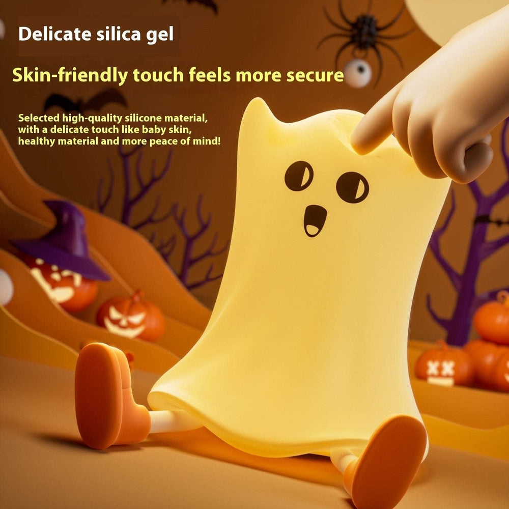 Silicone Ghost Lamp made of skin-friendly silica gel, glowing warmly in a Halloween-themed background, safe and soft for kids.