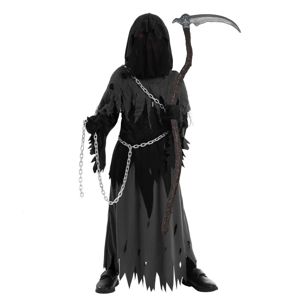 Child Glowing Eyes Grim Reaper Costume, Phantom Costume for Kids Halloween Fancy Dress up 5-12 Years