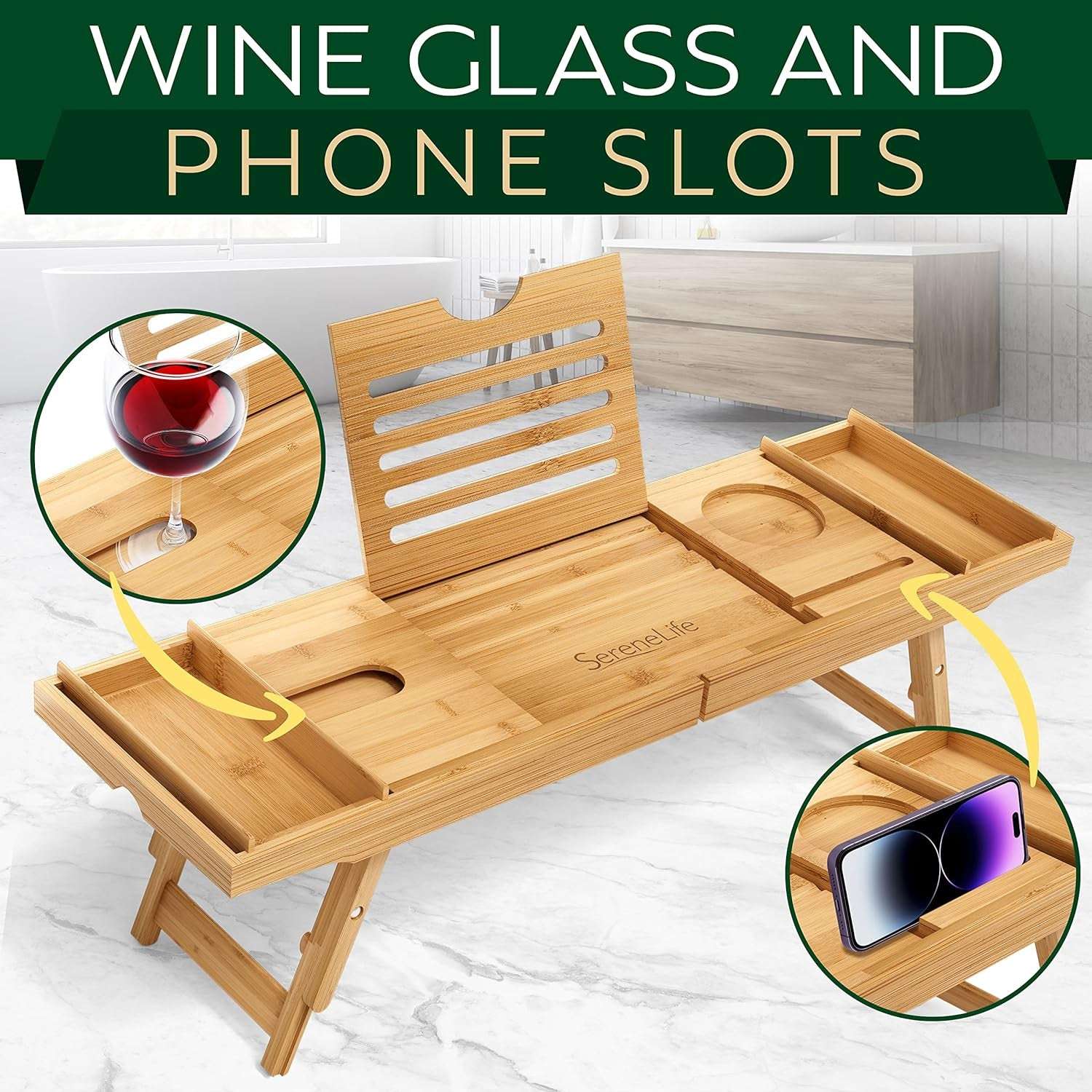 Bamboo Bath Caddy Tray featuring dedicated wine glass and phone slots, perfect for a luxurious bath experience.
