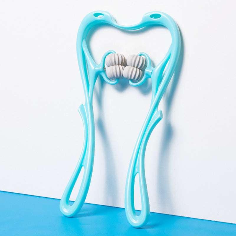 Blue 6 Roller Neck Massager with dual rotating roller sets for deep tissue massage and ergonomic grip.