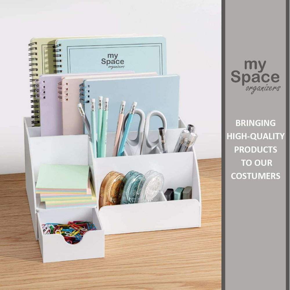 White Desk Organizer with notebooks, pens, and tape rolls. 9 compartments for efficient storage of office and school supplies.