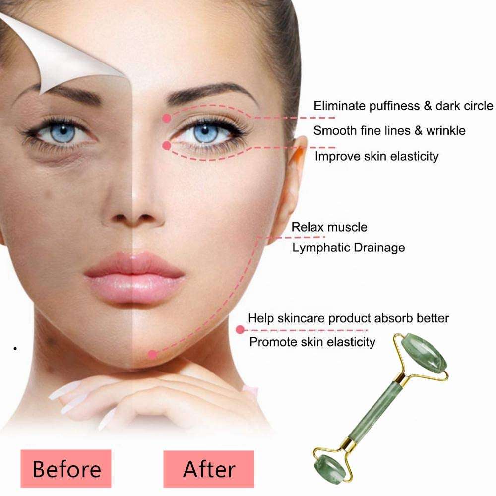 Before and after comparison of jade roller benefits showing reduced puffiness, fine lines, and improved skin elasticity.