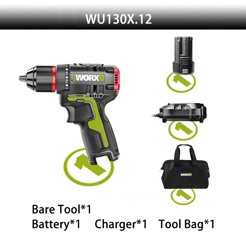 WORX WU130X Cordless Electric Screwdriver Drill 12V 40Nm Brushless Motor for Metalworking Home Lithium Battery Power Tools