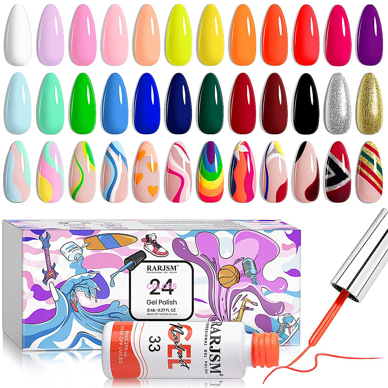 Painted Gel Nail Polish Set, Line Art Gel 12 Colors Neon Pink Yellow Green Glitter Silver Gold Nail Art Painting Manicure Tools DIY Drawing Nailgel for Line U V L E D Required
