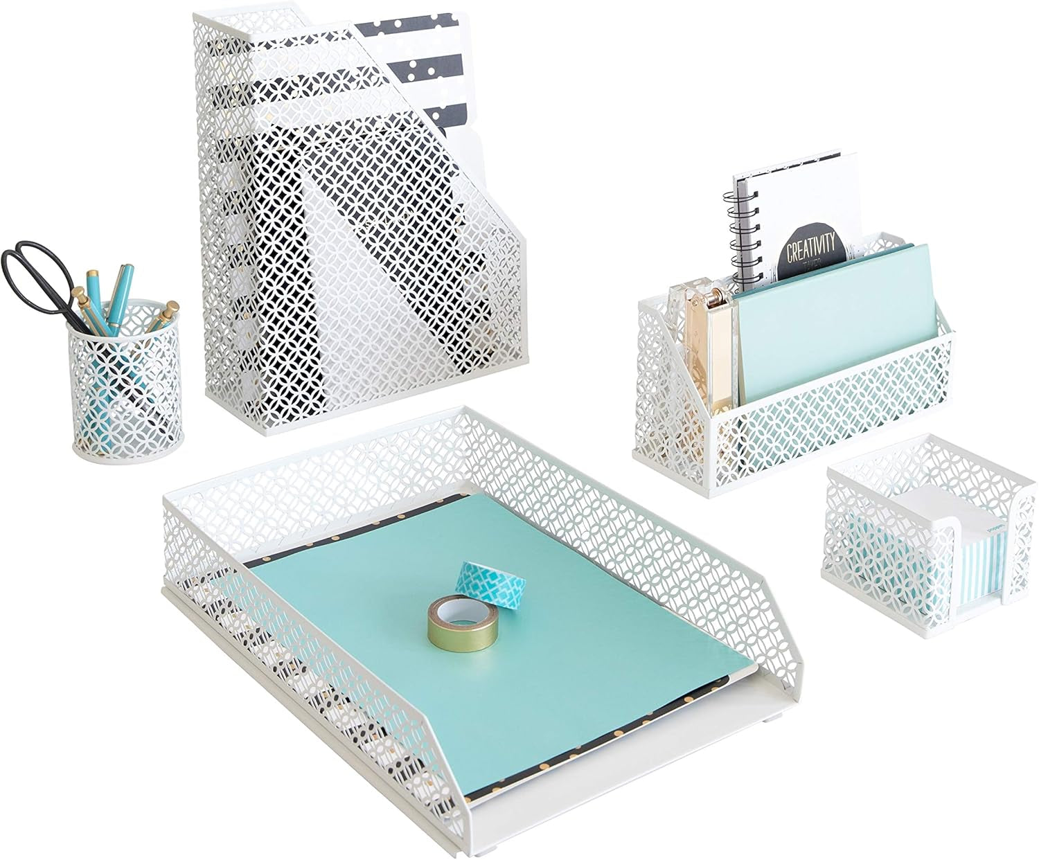 White desk organizer set with six matching pieces including letter tray and pen cup. Ideal for clean, modern office organization.