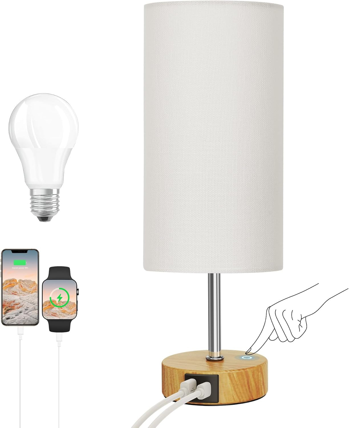 12.8" Touch Control Table Lamp, 3-Way Dimmable Small Bedside Nightstand Lamp with 2 USB Ports, Modern Table Lamp with 5000K Daylight LED Bulb for Living Room (2 Pack)