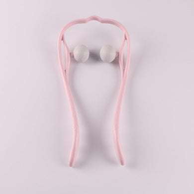 Pink manual neck massager with dual ball rollers for deep tissue massage and ergonomic handle design.