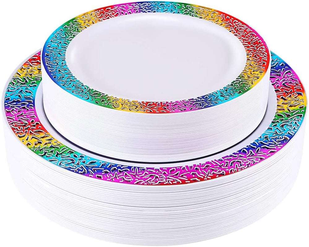 60Pcs Rainbow Plastic Plates, White Disposable Plates with Rainbow Lace Design, Including 30 Dinner Plate, 30 Dessert Plate for Wedding and Birthday Parties