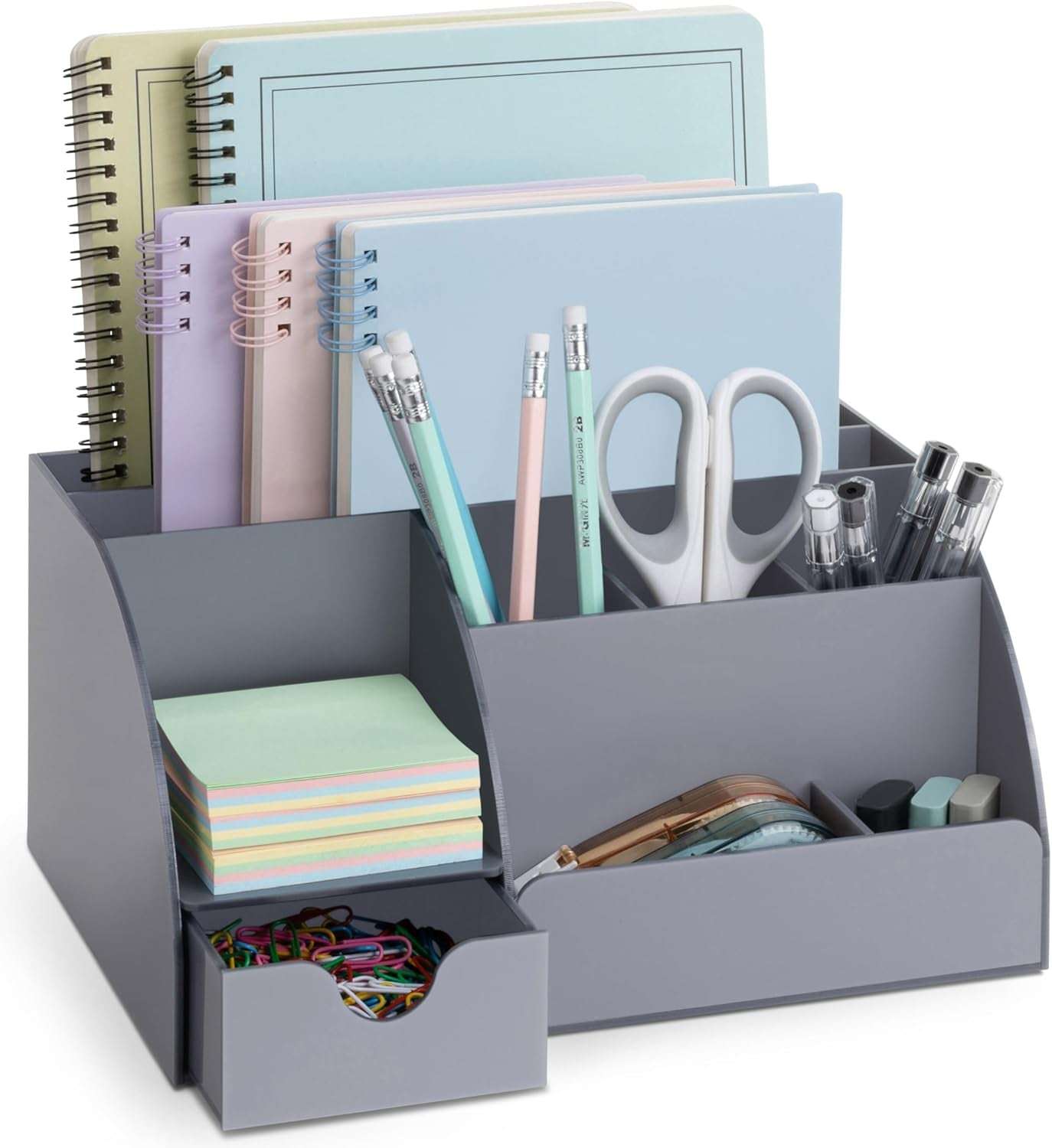 Gray Desk Organizer with 9 compartments for folders, pens, and accessories. Sleek and neutral for professional office or school use.