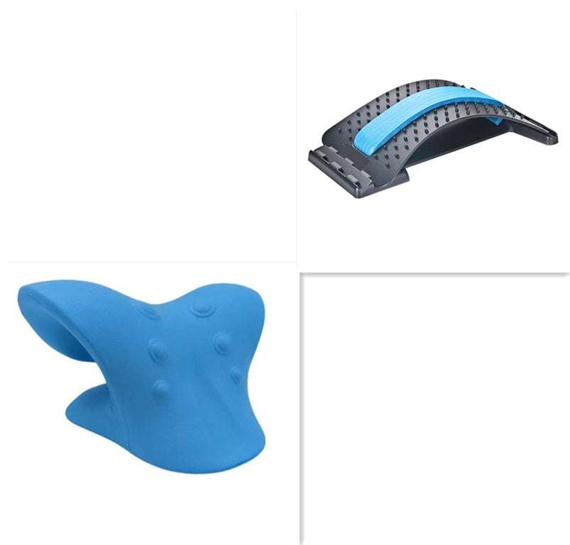 Blue acupressure pillow, back stretcher, and 6 Roller Neck Massager set for full-body muscle therapy.