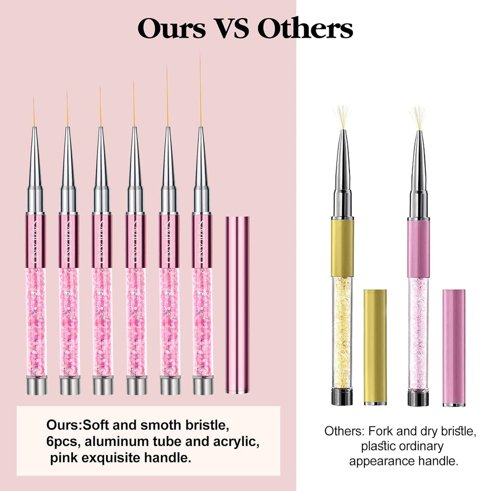 6Pcs Nail Art Liner Brushes Set: Nail Brush Gel Polish Painting Nail Art Design Brushes Pen with Crushed Diamond Rhinestone Handle for Pulling Lines,Sizes 7/9/11/13/17/23 Mm