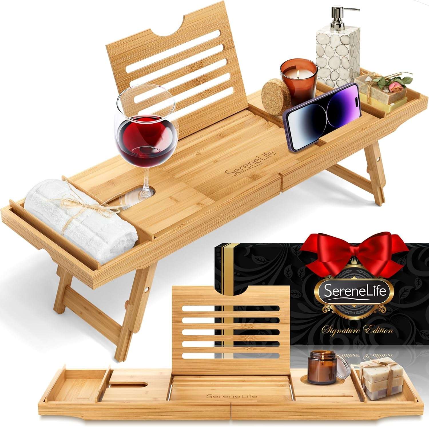 Luxury Bamboo Bath Caddy Tray gift set with adjustable stand, wine holder, and phone slot, perfect for bath or bed use.