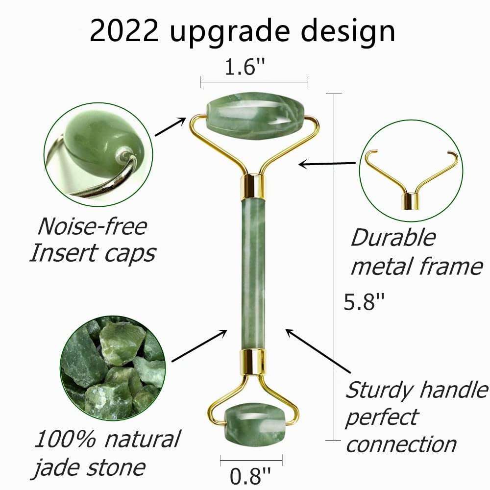 Detailed diagram of upgraded jade roller design with 100% natural jade, durable metal frame, and noise-free insert caps.