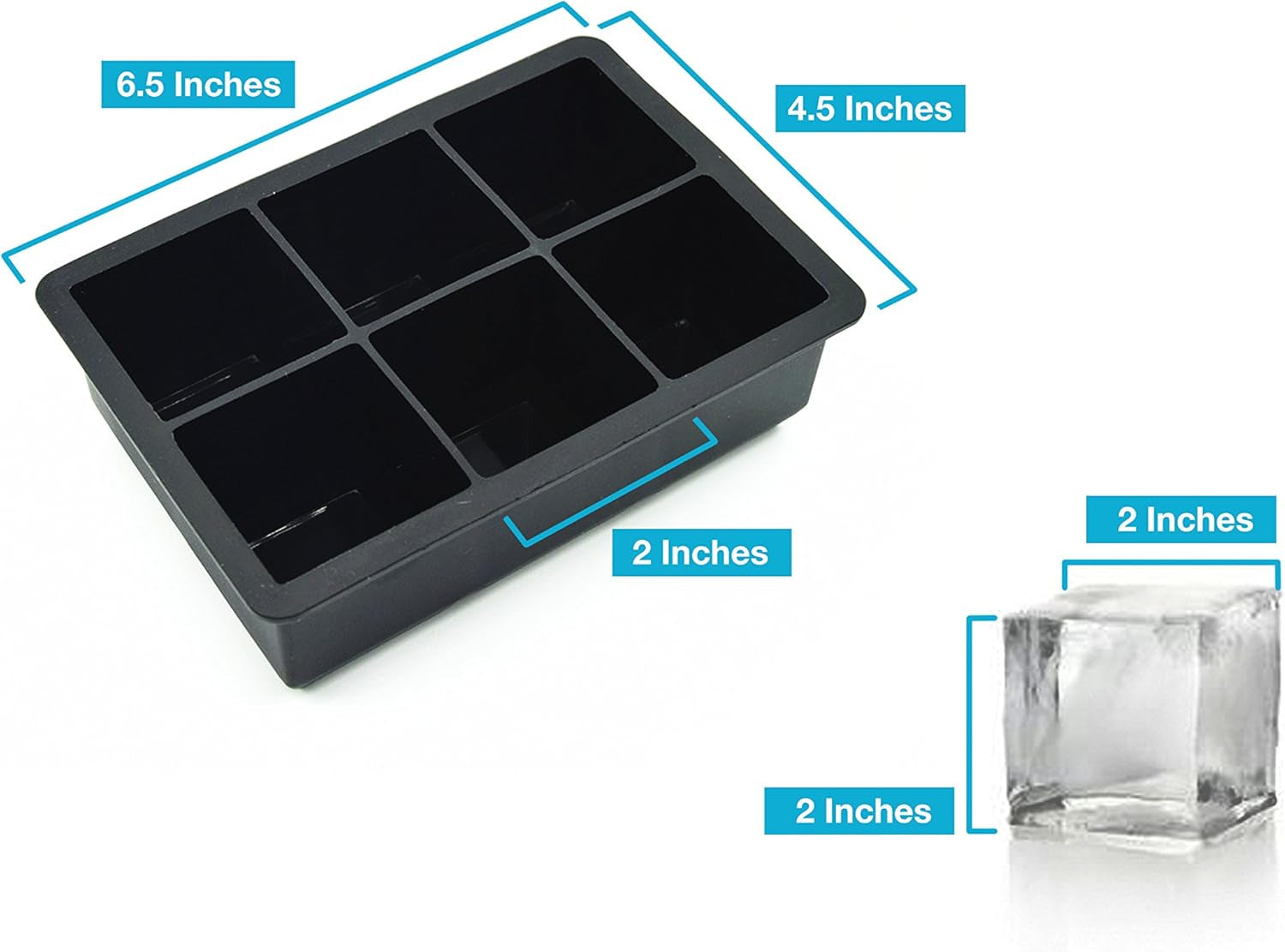 Ice Cube Tray - Silicone Ice Cube Tray - Ice Cube Tray with Large 6 Cavity Silicone Mold - Will Make Big Ice Cubes for Whiskey - Set of (2) in Black