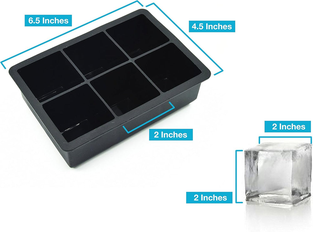 Ice Cube Tray - Silicone Ice Cube Tray - Ice Cube Tray with Large 6 Cavity Silicone Mold - Will Make Big Ice Cubes for Whiskey - Set of (2) in Black