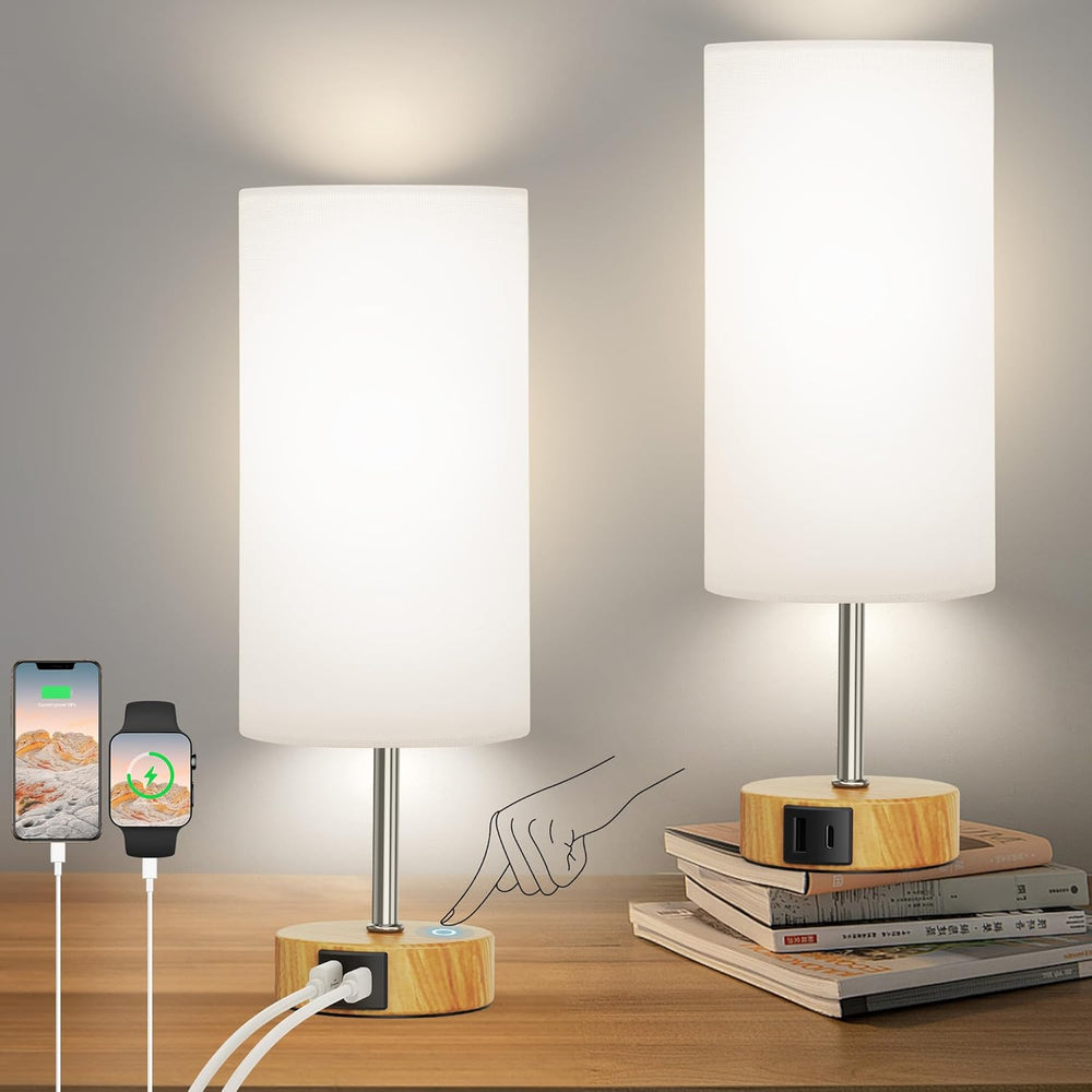 12.8" Touch Control Table Lamp, 3-Way Dimmable Small Bedside Nightstand Lamp with 2 USB Ports, Modern Table Lamp with 5000K Daylight LED Bulb for Living Room (2 Pack)