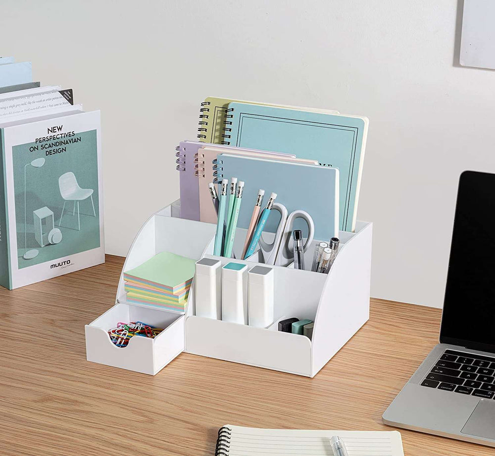 White Desk Organizer on wooden desk with full-size folders, pens, and sticky notes. 9 compartments for tidy office or school setup.