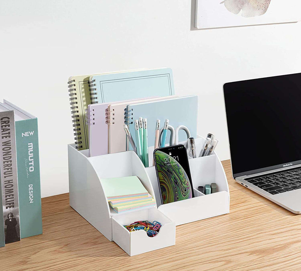 White Desktop Organizer on office desk holding folders, pens, phone, and supplies. 9 compartments for efficient workspace organization.