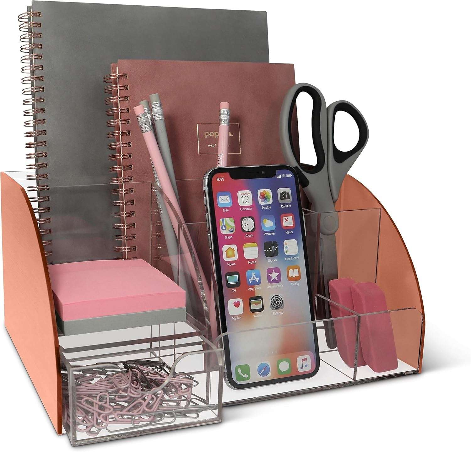 Rose Gold and Clear Desk Organizer with 9 compartments for phone, pens, and notebooks. Stylish design for modern office organization.