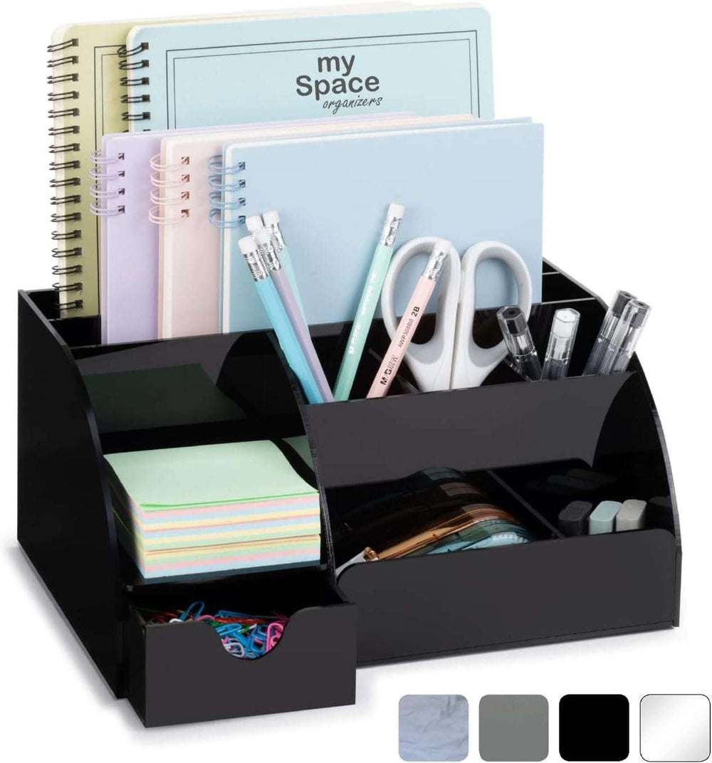 Black Glossy Desk Organizer with 9 compartments for folders, pens, and accessories. Sleek finish for modern office or school setup.