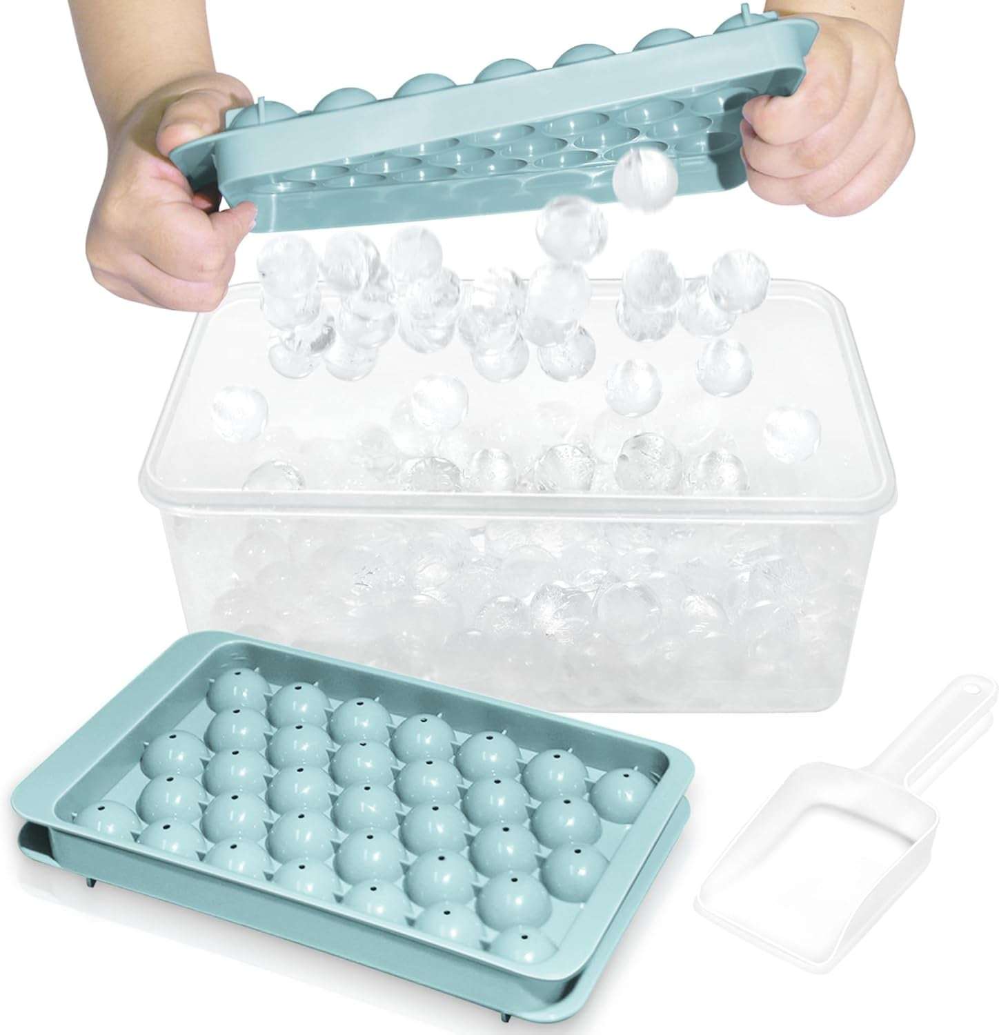 Ice Cube Tray with Lid and Bin - round Ice Trays for Freezer with Lid - Ice Cube Trays for Freezer with Ice Container (1"-2PACK Pink)