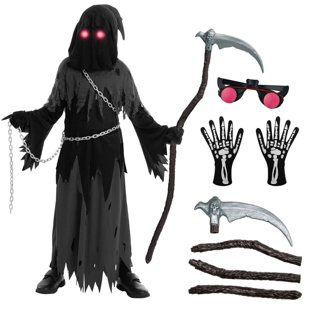 Child Glowing Eyes Grim Reaper Costume, Phantom Costume for Kids Halloween Fancy Dress up 5-12 Years