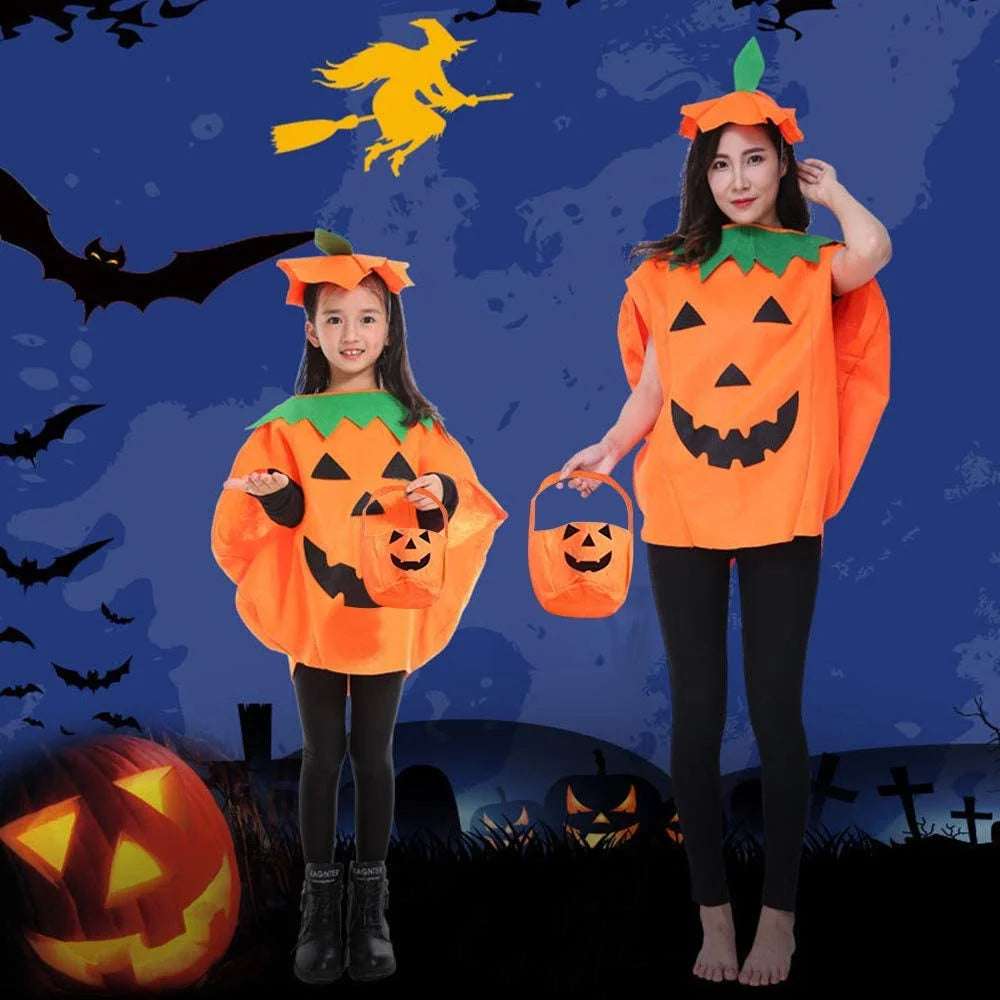 3PCS Halloween Costume Pumpkin Costume Set for Adults Kids, Halloween Cosplay Party Clothes with Hat and Bag Unisex (Orange)
