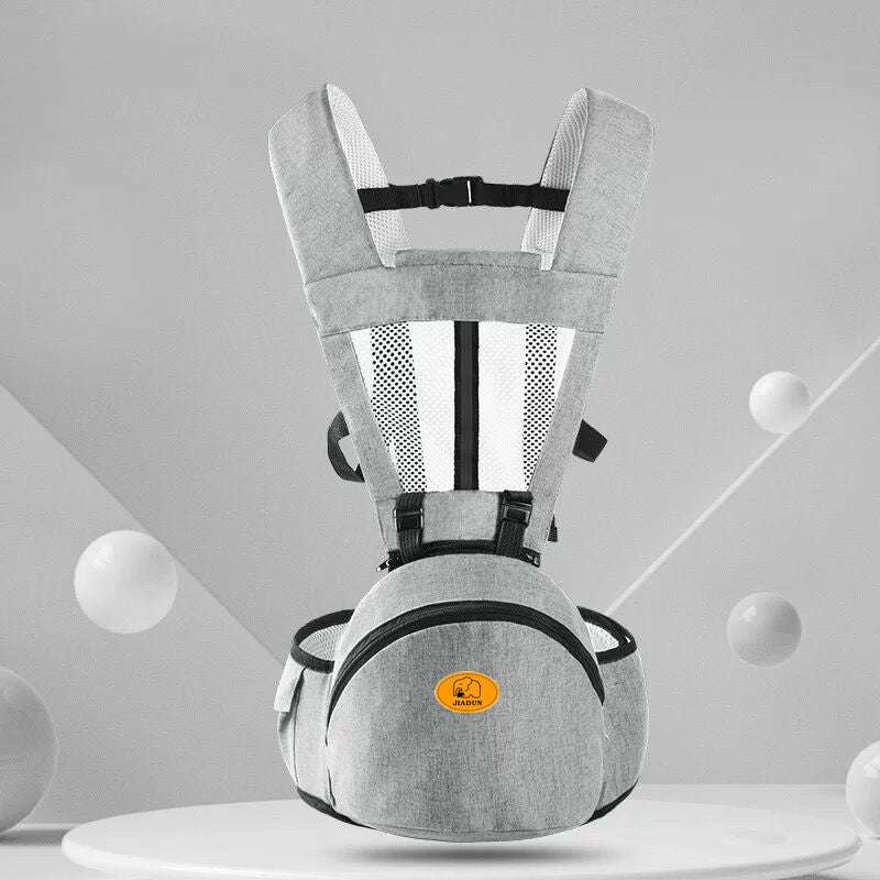Light gray Baby Hip Seat Carrier with ergonomic seat and mesh front. Designed for infant and toddler support with adjustable straps.