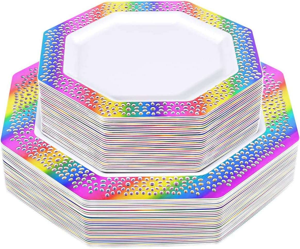 60Pcs Rainbow Plastic Plates, White Disposable Plates with Rainbow Lace Design, Including 30 Dinner Plate, 30 Dessert Plate for Wedding and Birthday Parties