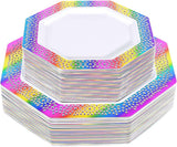 60Pcs Rainbow Plastic Plates, White Disposable Plates with Rainbow Lace Design, Including 30 Dinner Plate, 30 Dessert Plate for Wedding and Birthday Parties