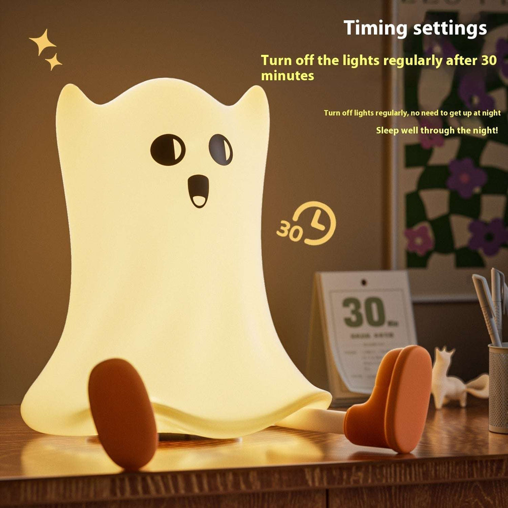 Silicone Ghost Lamp with 30-minute timer setting, touch control, and soft glow for kids' night light or Halloween decoration.