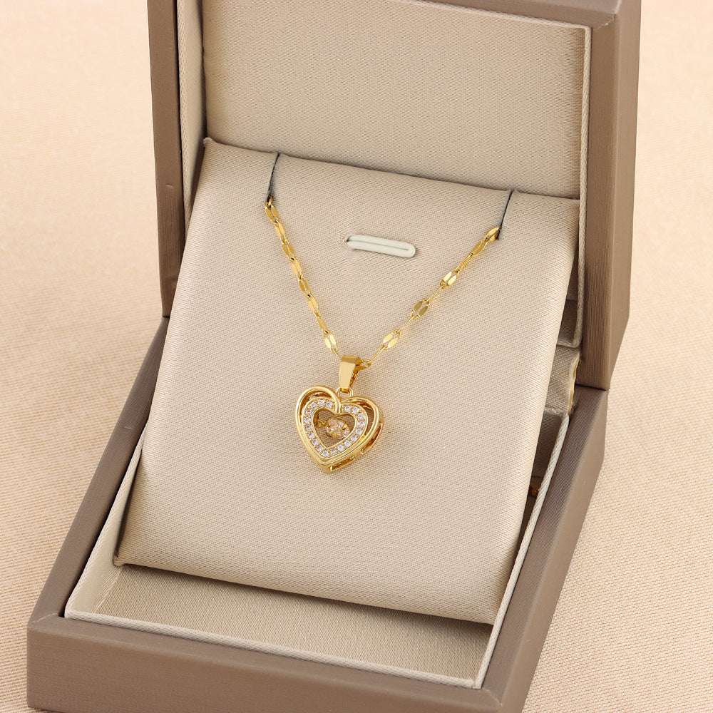 Gold Double-layer Love Necklace with rhinestone heart pendant displayed in a beige jewelry box. Ideal Valentines Day gift for women.