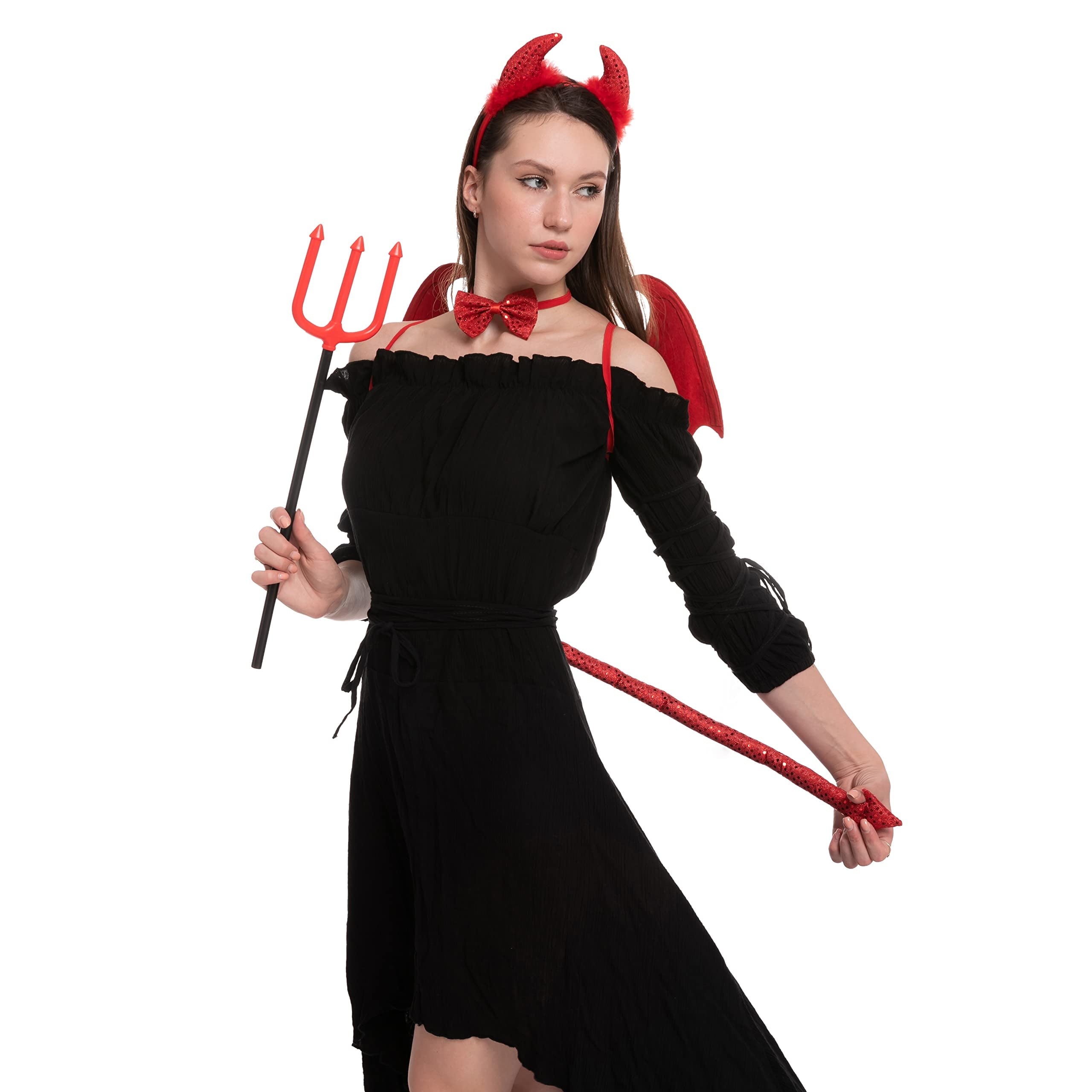 5 Pcs Devil Accessories for Woman, Devil Costume Accessories with Devil Wings, Devil Pitchfork Devil Horns and Tail, Halloween Devil Horns Cosplay Costume for Adults