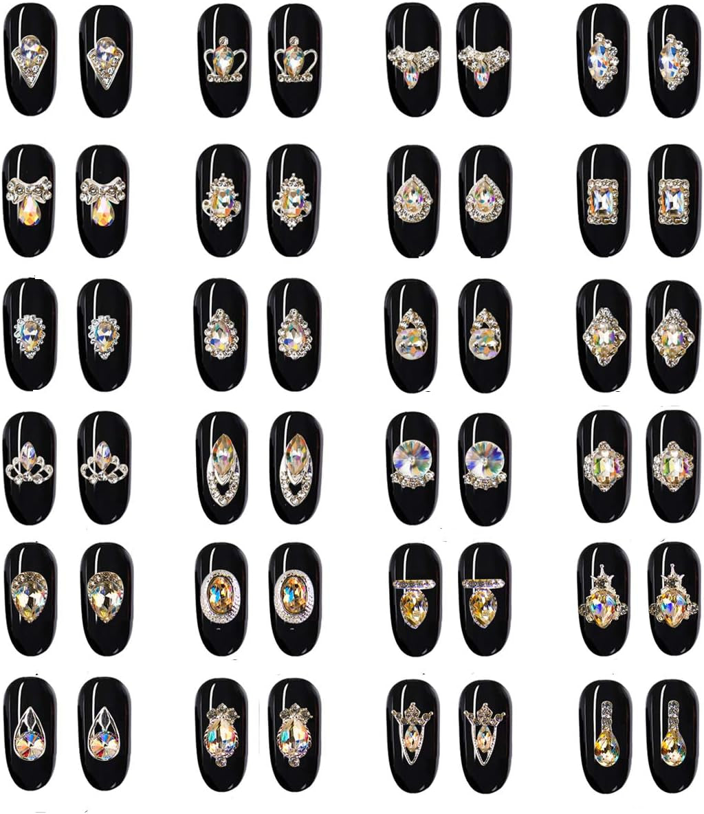 48Pcs Nail Crystal AB Rhinestones, Nail Diamonds Glass Metal Gems Jewels Stones for 3D Nails Art Decoration(24 Styles)