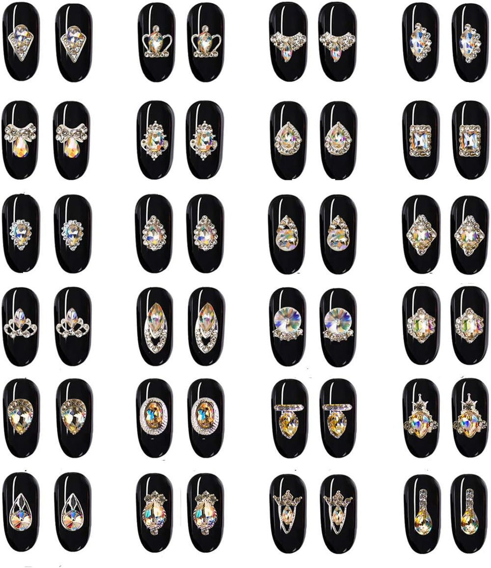48Pcs Nail Crystal AB Rhinestones, Nail Diamonds Glass Metal Gems Jewels Stones for 3D Nails Art Decoration(24 Styles)