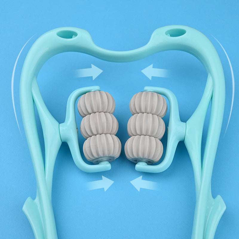 6 Roller Neck Massager with arrows showing adjustable roller movement for targeted muscle tension relief.