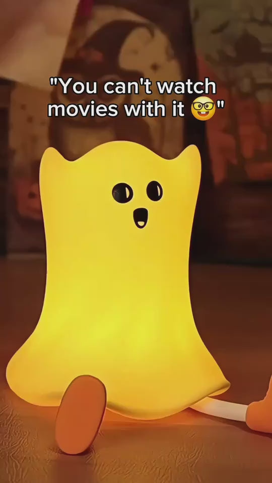 Glowing Silicone Ghost Lamp with humorous text overlay, perfect for Halloween decor and soft bedside lighting with touch control.